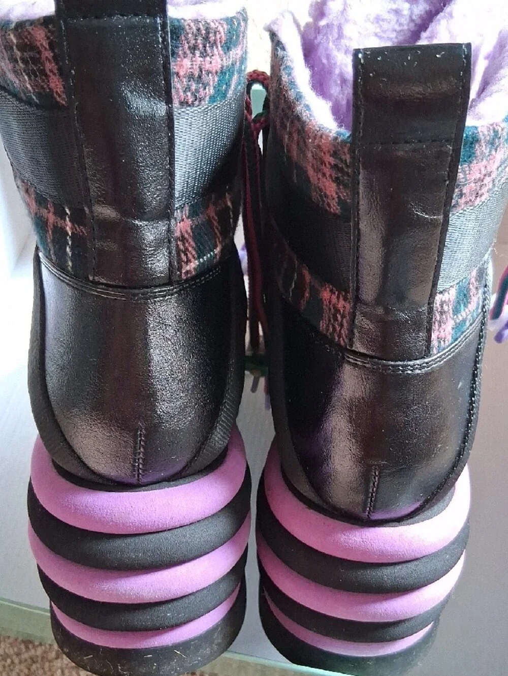 STRAP IT UP Irregular Choice Black/Purple Plaid Platform Boots, Size 11
